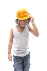 Asian boy holding orange safety helmet isolated on white background