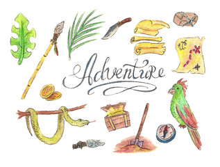 Adventure lettering watercolor illustration set