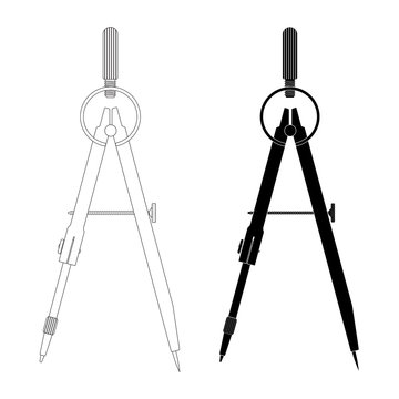 Compass. Technical drawing tool. Outline and black silhouette