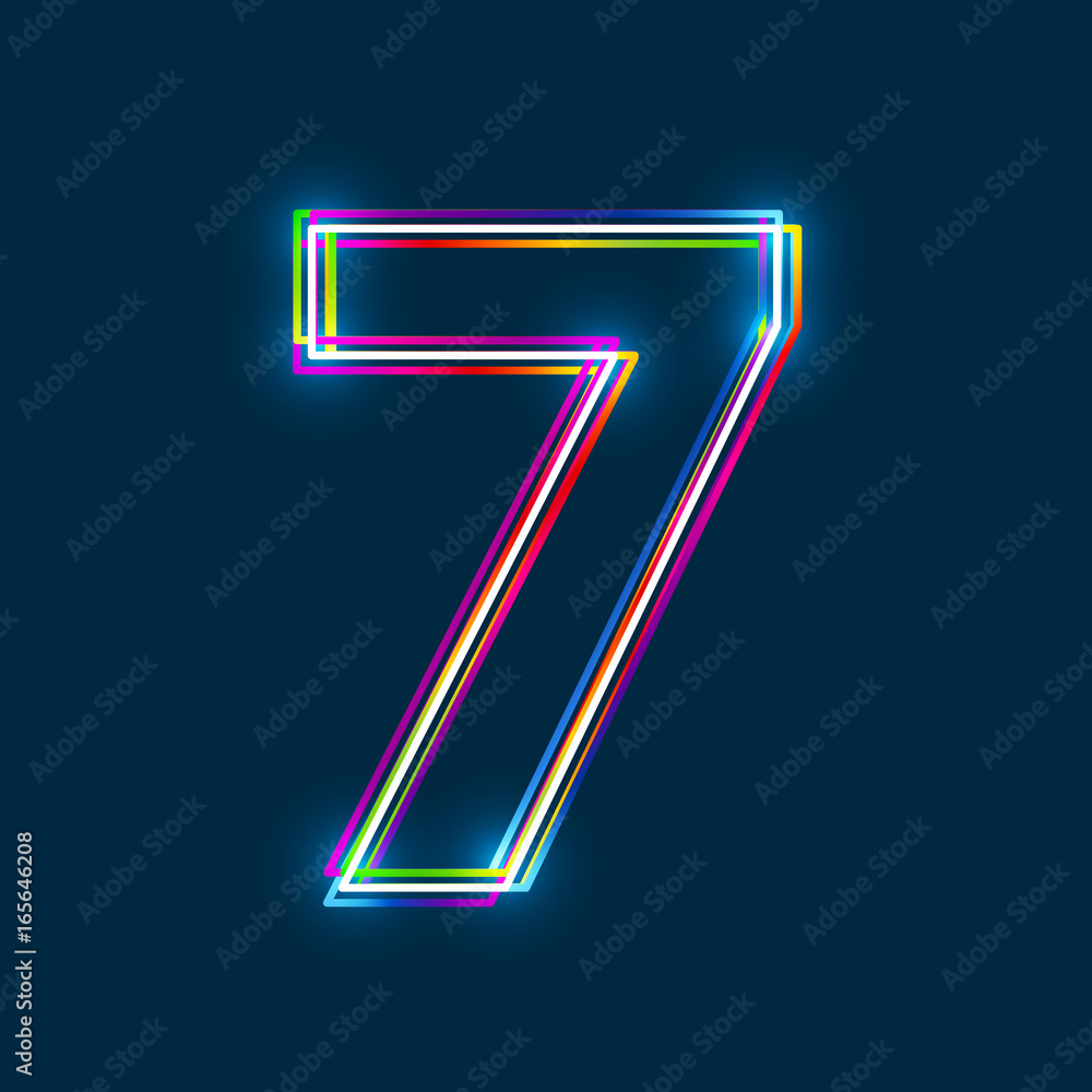 Fototapete Number 7 - Vector multicolored outline font with glowing effect isolated on blue background. EPS10