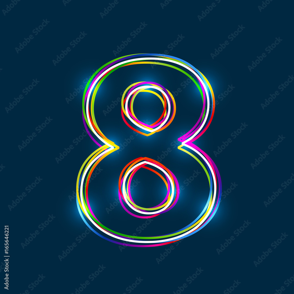 Aufkleber number 8 - vector multicolored outline font with glowing effect isolated on blue background. eps10