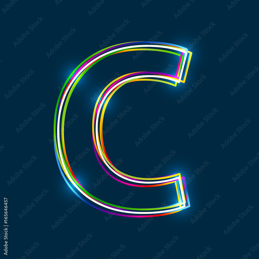 Poster Letter C - Vector multicolored outline font with glowing effect isolated on blue background. EPS10