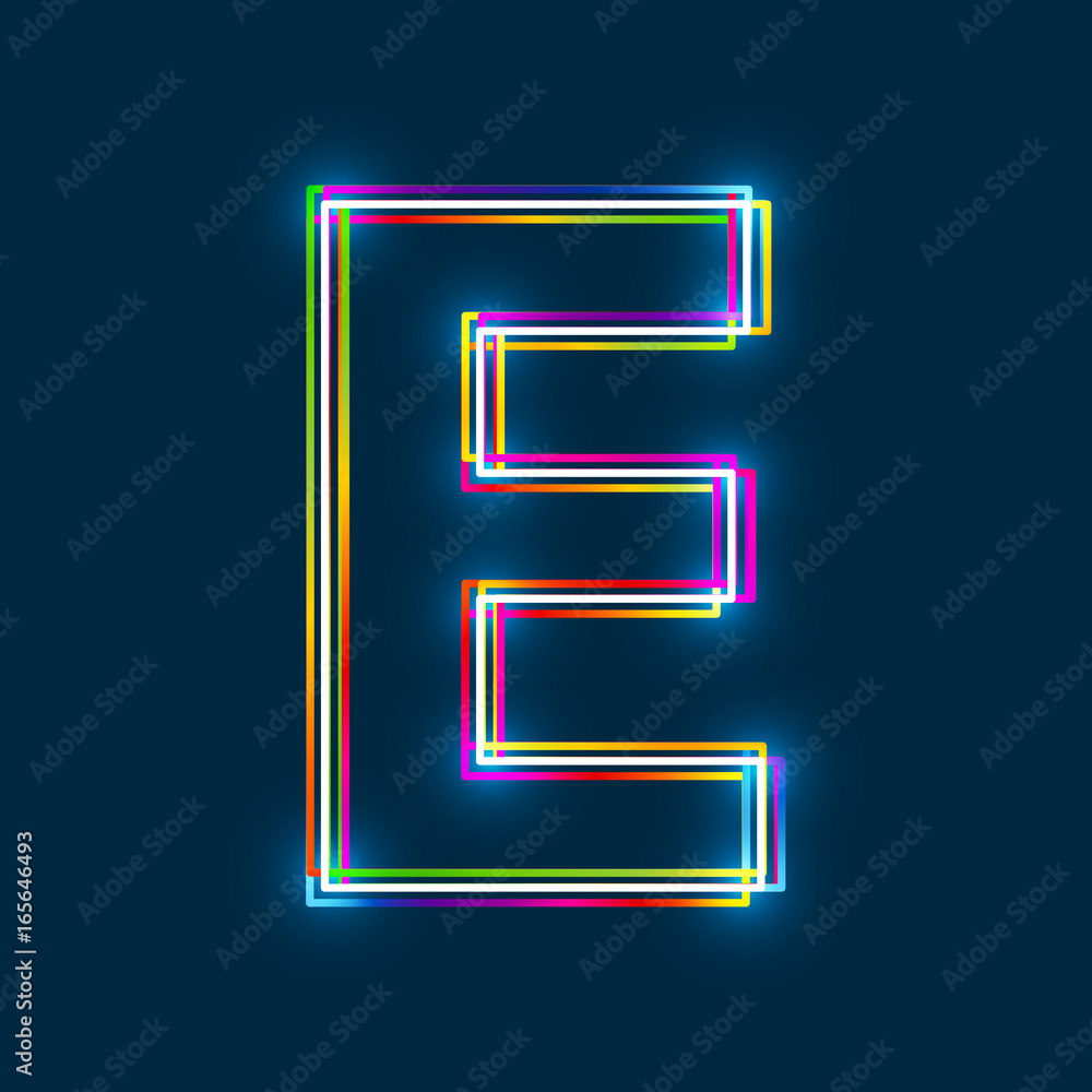 Aufkleber letter e - vector multicolored outline font with glowing effect isolated on blue background. eps10