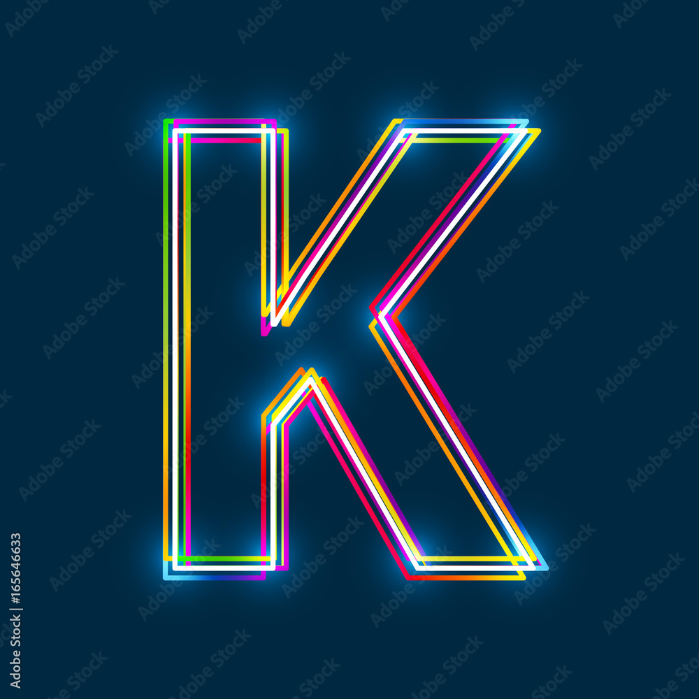 Poster letter k - vector multicolored outline font with glowing effect isolated on blue background. eps10