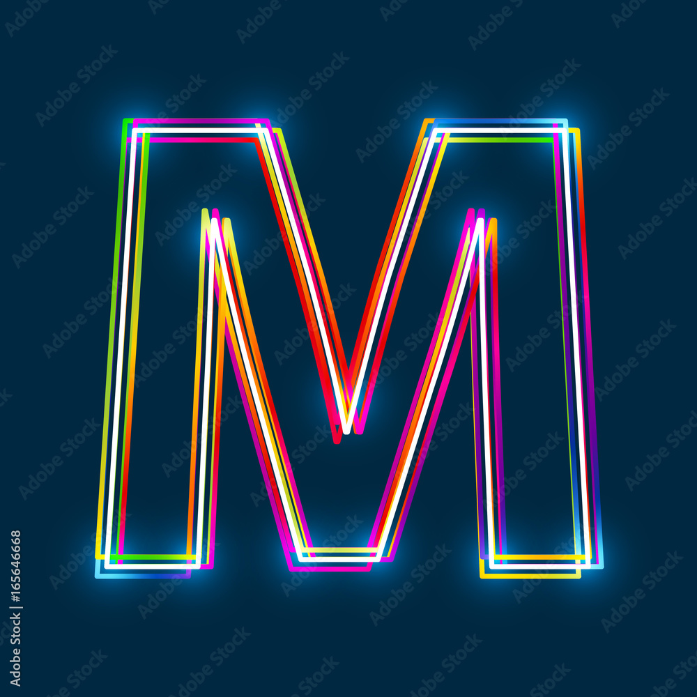 Aufkleber letter m - vector multicolored outline font with glowing effect isolated on blue background. eps10