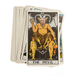 Deck of Tarot cards on white background ; THE DEVIL.