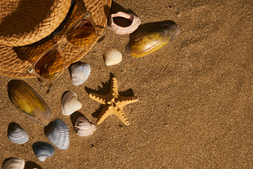 Fototapeta na wymiar Straw hat and sun glasses on the tropical sandy beach with many little seashells. Top view, copy space, close-up