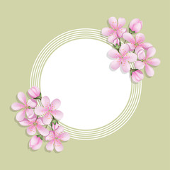 Card with floral print with round place for text. Delicate flowers and buds cherry. Template for greetings or invitations.