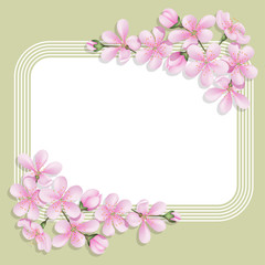 Card with floral print with a rectangular space for text. Delicate flowers and buds cherry. Template for greetings or invitations.