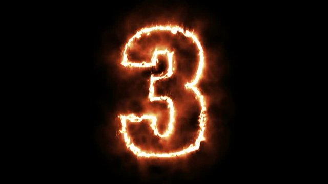 3 - three hot burning number on black background.