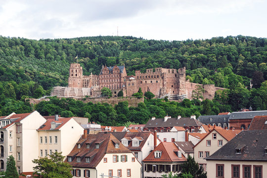 Renaissance Heidelberg castle on the hillside overlooking Heidelberg town in Germany