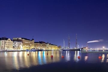 Naklejka na ściany i meble Starry night over Helsinki bay with old ship