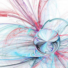 Abstract blue, red and grey swirly shapes on white background. Fantasy fractal texture. 3D rendering.