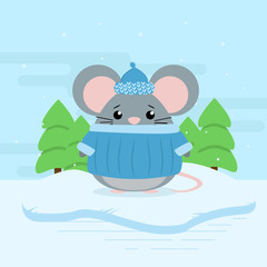 Cute cartoon illustration of mouse on snowdrift and forest. Cold weather with snow. Flat vector design