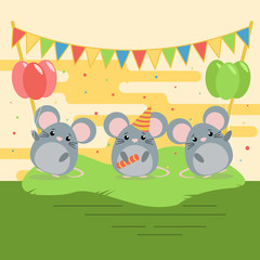 Obraz na płótnie Canvas Cartoon illustration of three cute mouses with balloons and flags on green grass. Flat design for children