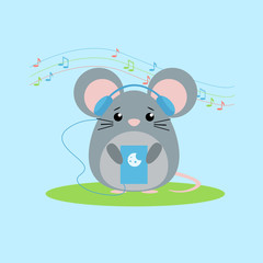 Vector illustration of mouse listens to music. Cute flat design
