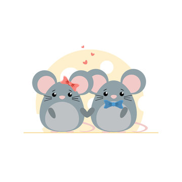 Cute couple of mouse on cheese background. Cartoon vector illustration