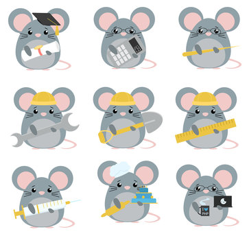 Vector set of mice various professions: Scientist, accountant, teacher, engineer, worker, builder, doctor, baker, programmer. Cute cartoon illustration