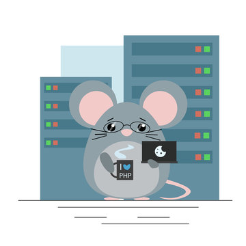 Vector illustration. Mouse - programmer standing with computer and coffee in server room. Cute flat design