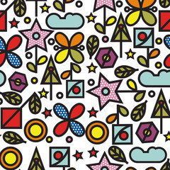 Doodle style seamless pattern with flowers and other nature elements