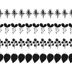 Black silhouette of leaves and plants. Decorative border. Vector, digital illustration.