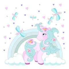 Cute unicorn on a beautiful background. Vector illustration.