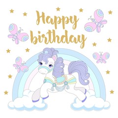 Cute unicorn on a beautiful background. Vector illustration.