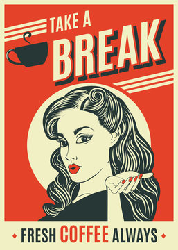 advertising coffee retro poster with pop art woman