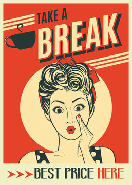 Fototapeta reklama kawy plakat retro z kobietą pop-artu