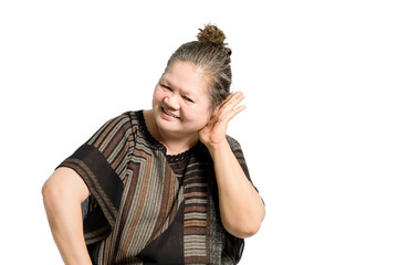 portrait of a mature woman listening to gossip. Isolated on white background with copt space and clipping path