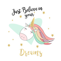 Unicorn printable for cards, tshirts, backgrounds, in vector