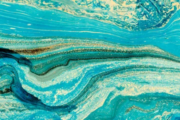 Moderne Kunstwerke mit abstrakter Marmormalerei. Gemischte blaue und gelbe Farben. Ungewöhnlicher handgefertigter Hintergrund für Poster, Karten, Einladungen. Acrylfarben auf der Wasseroberfläche. Horizontal. © torook