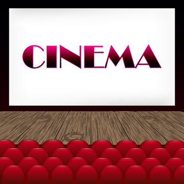 Vector realistic illustration of a movie theater. Hall of cinema with seats, screen, wooden floor.