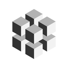 Obraz premium Szary geometryczny sześcian z 8 mniejszych kostek izometrycznych. Element projektu streszczenie. Koncepcja nauki lub budowy. Obiekt wektorowy 3D.