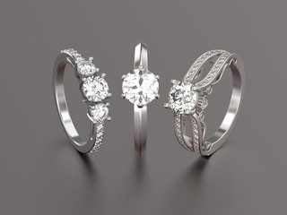 3D illustration three white gold or silver rings with diamonds with reflection