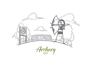 Archery concept. Hand drawn archery athlete aiming at a target in the distance. Arrow and bow in hands of sportsman isolated vector illustration.