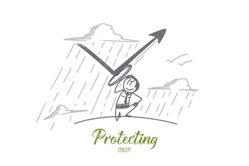 Protecting concept. Hand drawn man protecting himself. Person repulse a blow isolated vector illustration.