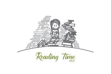 Reading time concept. Hand drawn smiling woman reading book. Female person with a lot of books isolated vector illustration.