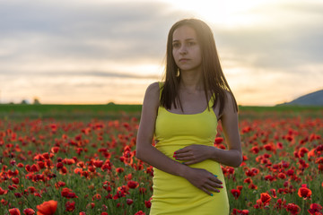 Obraz na płótnie Canvas beautiful girl in a poppy field at sunset