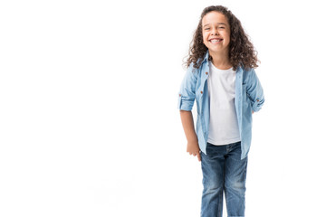 cheerful cute african american girl laughing with closed eyes isolated on white