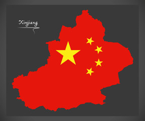 Xinjiang China map with Chinese national flag illustration