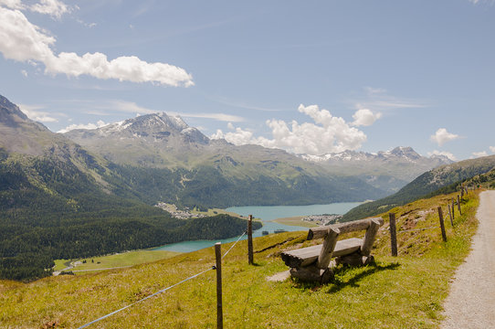 St. Moritz, Dorf, Engadin, Oberengadin, Seenplatte, Silvaplanersee, See, Corvatsch, Champf&egrave;r, Wanderweg, Alpen, Graub&uuml;nden, Sommer, Schweiz