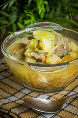 Soup with barley and chicken gizzards.