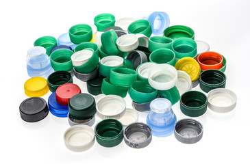 Plastic bottle caps in different colours.