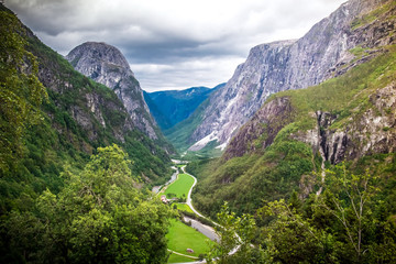 View on Naeroydalen valley from road Stalheimskleiva (Stalheim, Voss, Hordaland, Norway) - 165657474