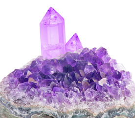 large crystals in lilac amethyst druse on white