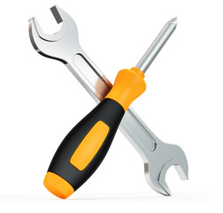 Wrench and screwdriver on white background. 3d rendering.