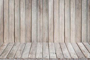 Old wooden table or wooden floor on the wooden wall backgrounds.