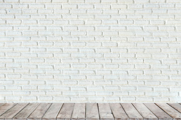 wood terrace and White Brick wall background.