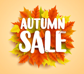 Fototapeta na wymiar Autumn sale text vector banner with colorful seasonal fall leaves in orange background for shopping discount promotion. Vector illustration. 